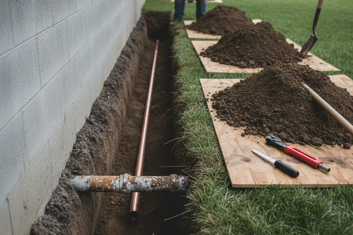 Excavated water line trench during Water Softener Installation in Occoquan